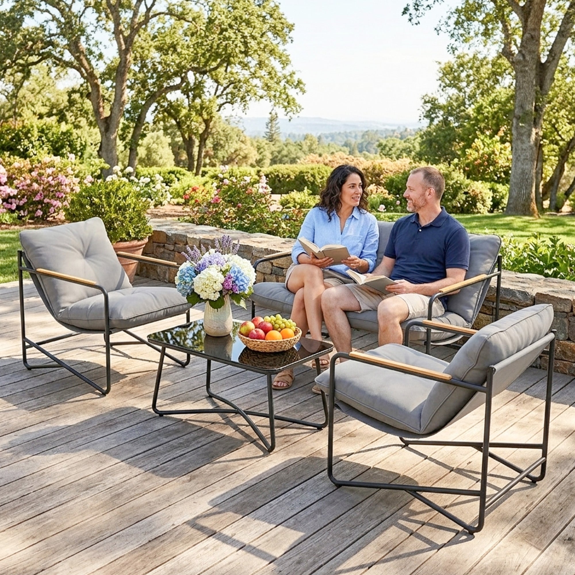 Solarias Salon de Jardin 4 Pièces Ensemble avec Canapé 2 Places, 2 Fauteuils et Table Basse Verre Trempé Coussins 13cm Gris 