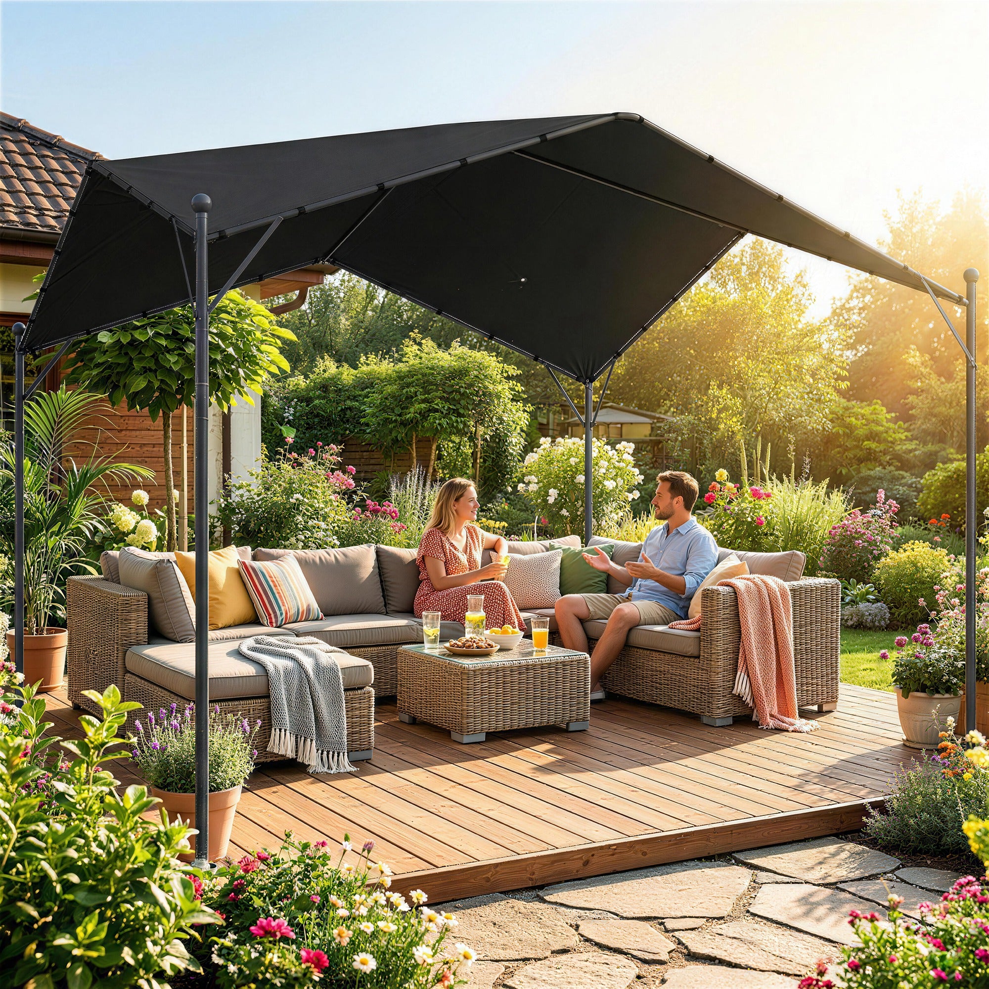Solarias Pergola Pavillon 3x3 m Imperméable Stable Résistant à l'hiver Protection solaire avec toit à deux pans Entretoises 