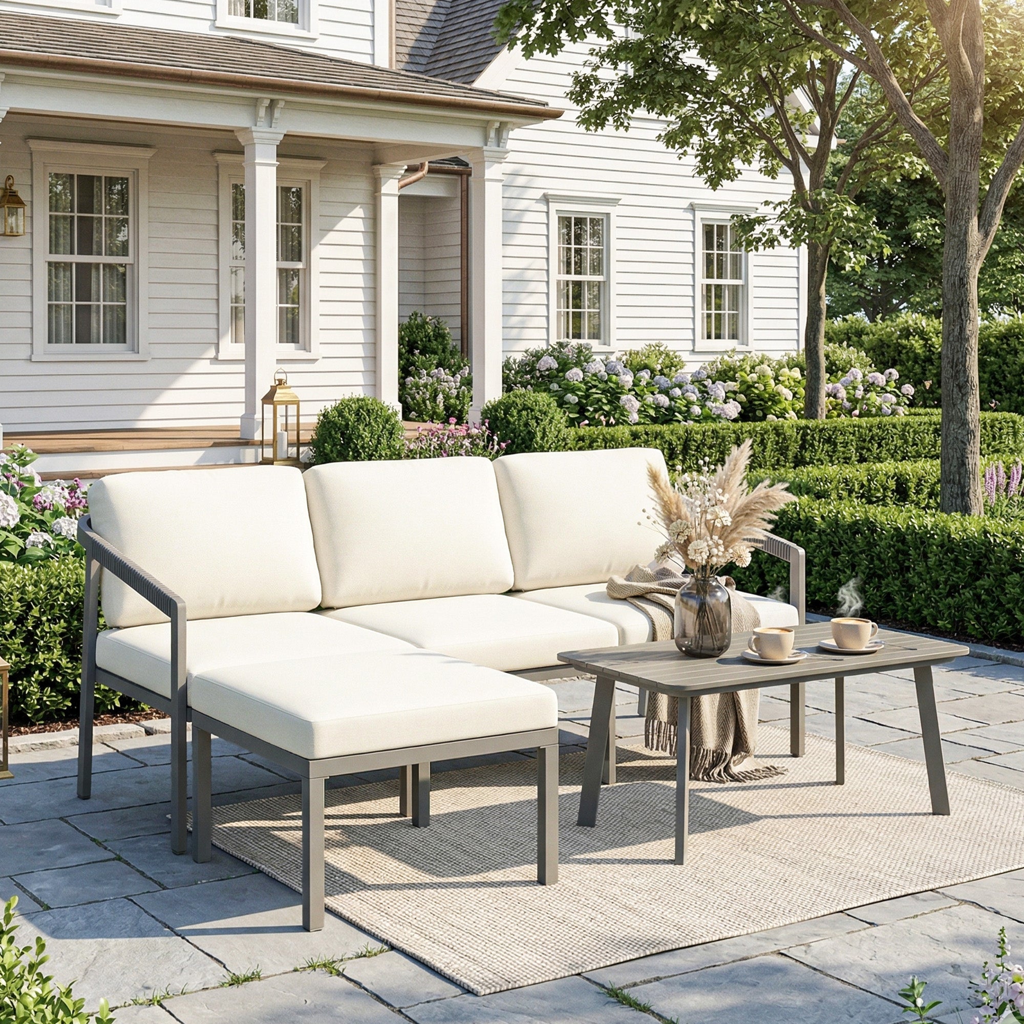 Solarias Ensemble de Jardin Extérieur de 3 Pièces avec Canapé 3 Places Repose-pieds Table Basse et Coussins Marron et beige