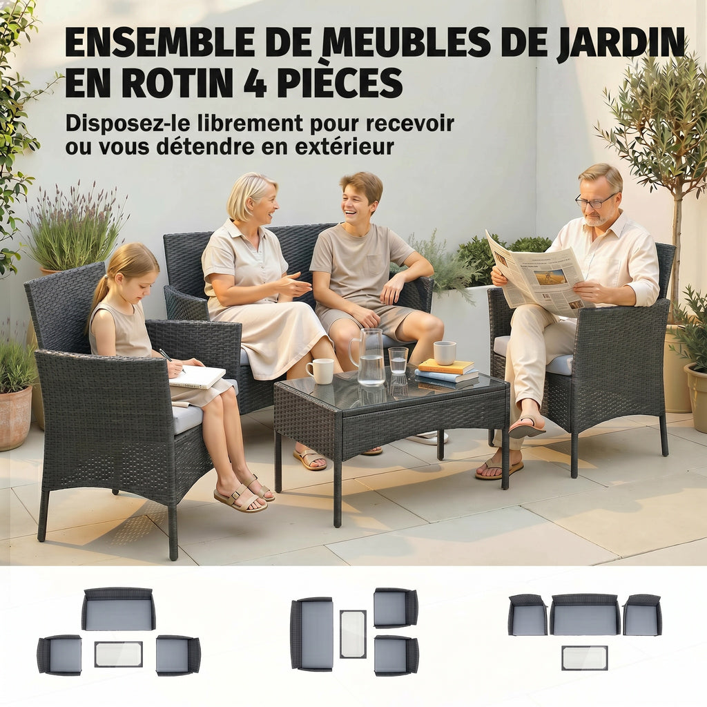 Solarias Salon de jardin extérieur 4 personnes en résine tressée avec canapés et table basse en verre trempé coussins inclus