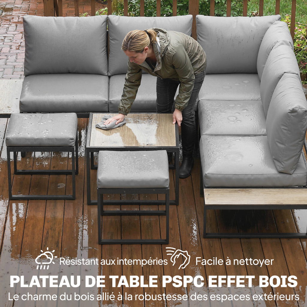 Solarias Salon de jardin extérieur 6 personnes modulable table basse et plateaux latéraux en bois PSPC coussins épais 10cm g