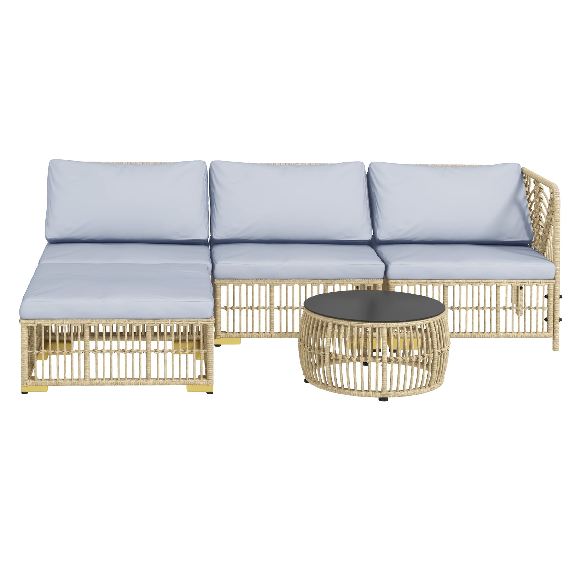 Solarias Ensemble 5 pièces salon de jardin bas modulables pour 4 personnes en résine tressée aspect rotin