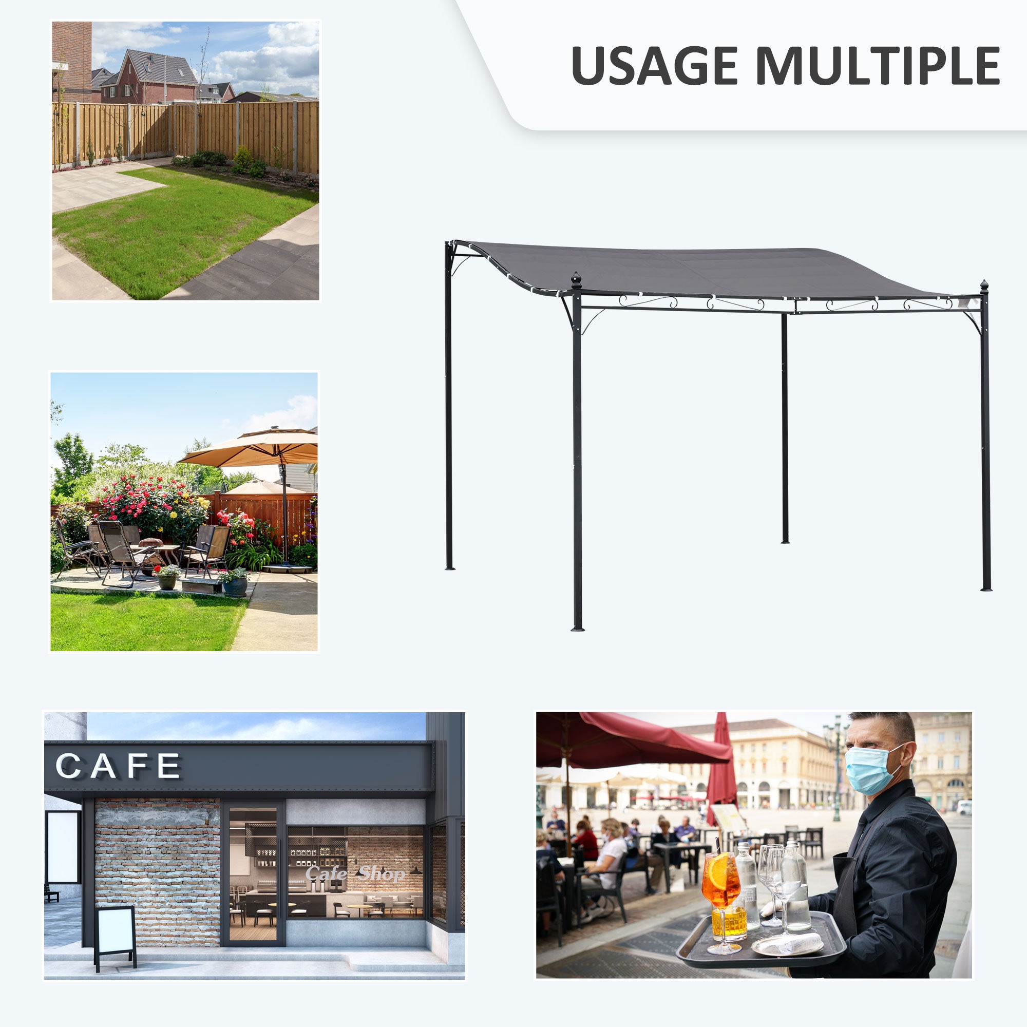 Solarias Pergola tonnelle de jardin auvent 3 x 3 m adossable métal gris polyester imperméabilisé anti-UV gris