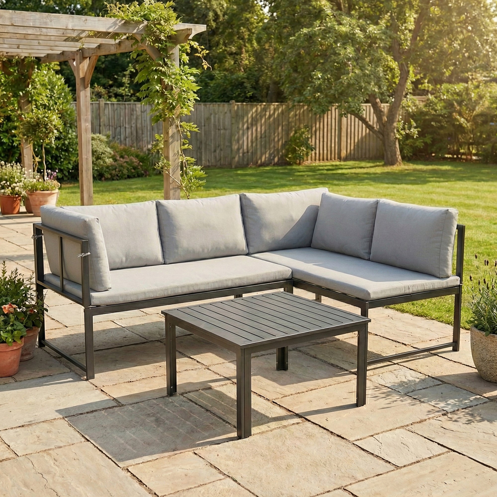 Solarias Salon de Jardin Mobilier de Terrasse 3 Pièces 4 Places Modulable avec Accoudoir Réglable Coussins Épais 16cm Gris