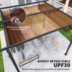 Solarias Pergola jardin exterieur 3x3 m toit coulissante rétractable polyester haute densité 180g/m², abri soleil UPF30+, ma