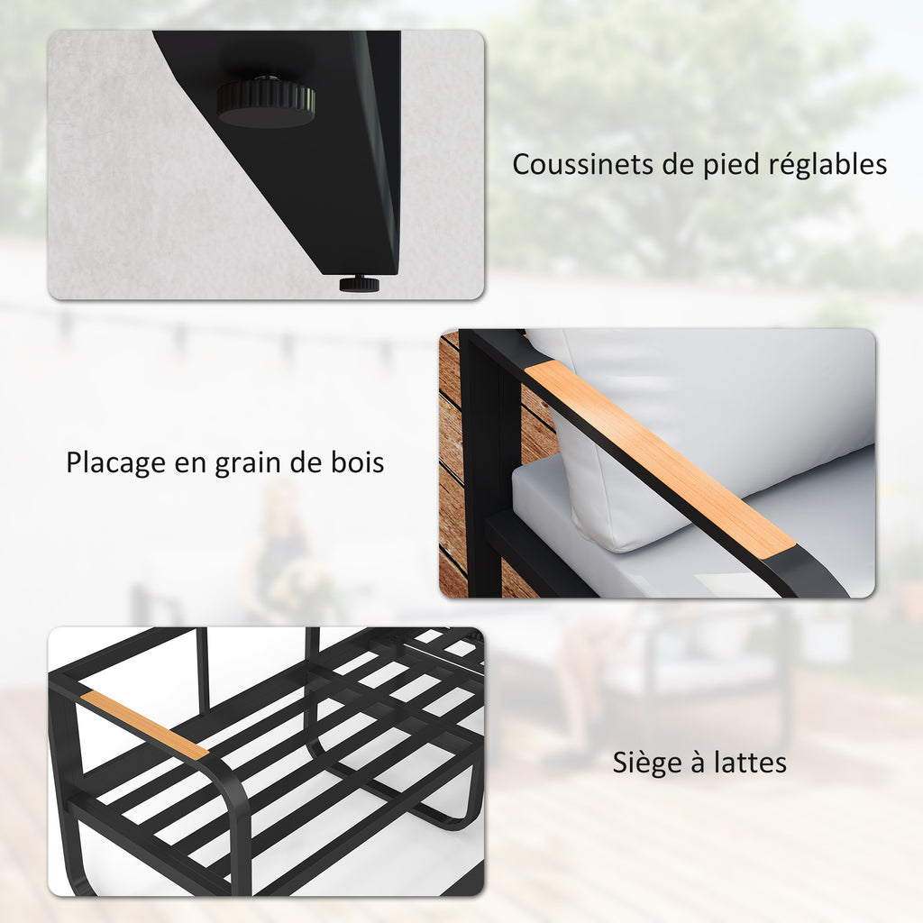 Solarias Salon de jardin extérieur 3 pièces en L avec canapés et table basse en verre, assise réglable 5 positions, gris
