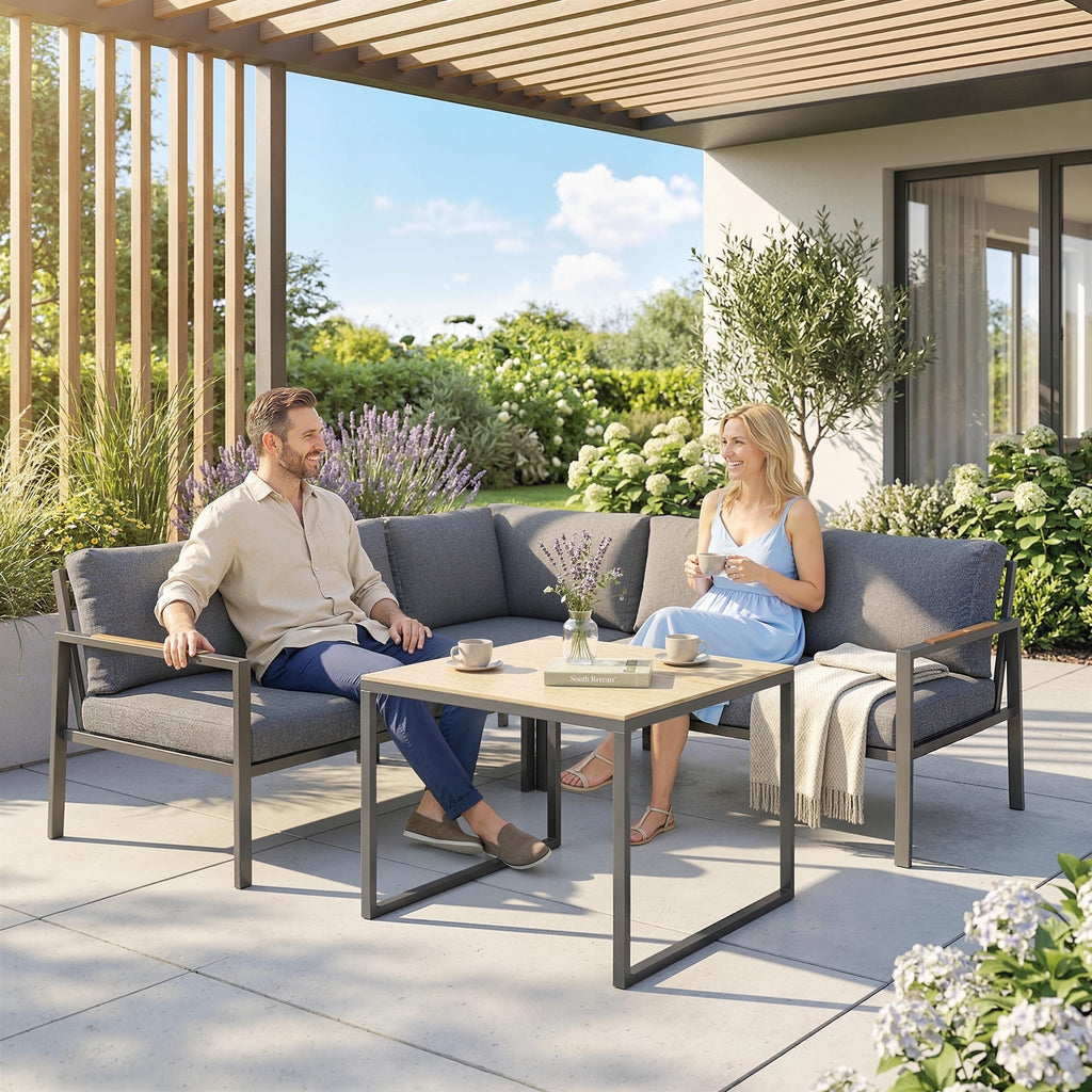 Solarias Salon de Jardin Extérieur 3 Pièces 5 Personnes, 2 Canapés avec Coussins Épais, 1 Table Basse, 183x183x72cm, Gris Fo