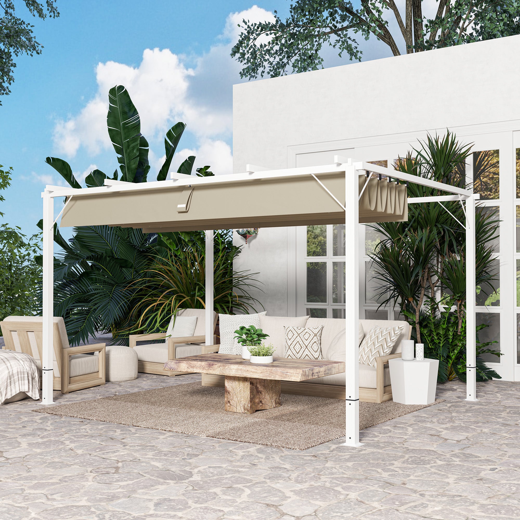 Solarias Pergola jardin extérieur en aluminium 3 x 4 m avec toit rétractable, abri soleil UPF30+, pour terrasse, patio, blan