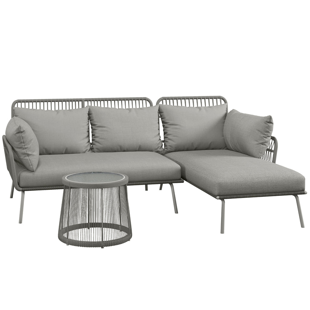 Solarias Salon de jardin d'angle 4 pers. style colonial table basse coussins grand confort inclus résine tressée gris