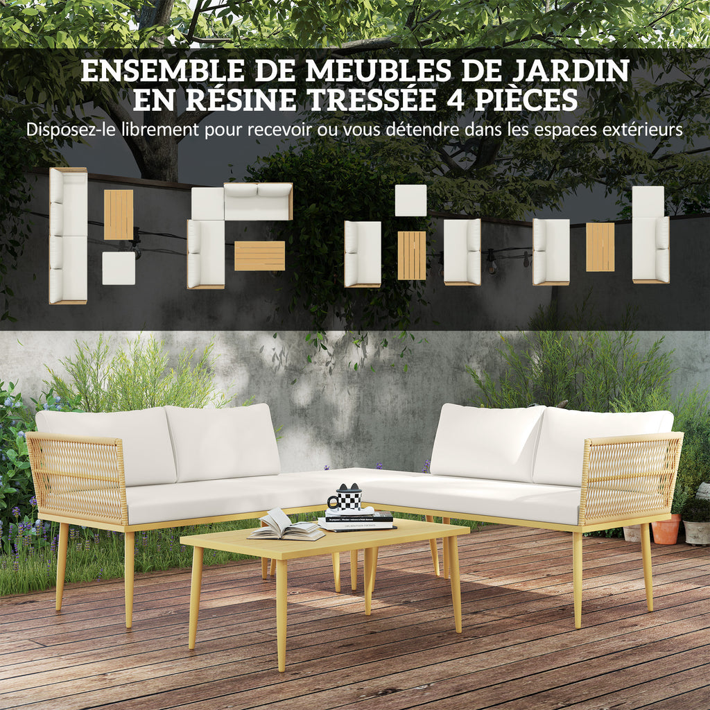 Solarias Salon de jardin extérieur en résine tressée 5 places modulable 2 canapés, pouf et table basse, coussins inclus, crè