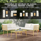 Solarias Salon de jardin extérieur en résine tressée 5 places modulable 2 canapés, pouf et table basse, coussins inclus, crè