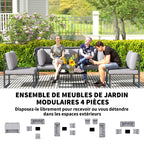 Solarias Salon de jardin extérieur 4 pièces modulaire avec canapé, fauteuil et table basse en verre trempé, coussins inclus,