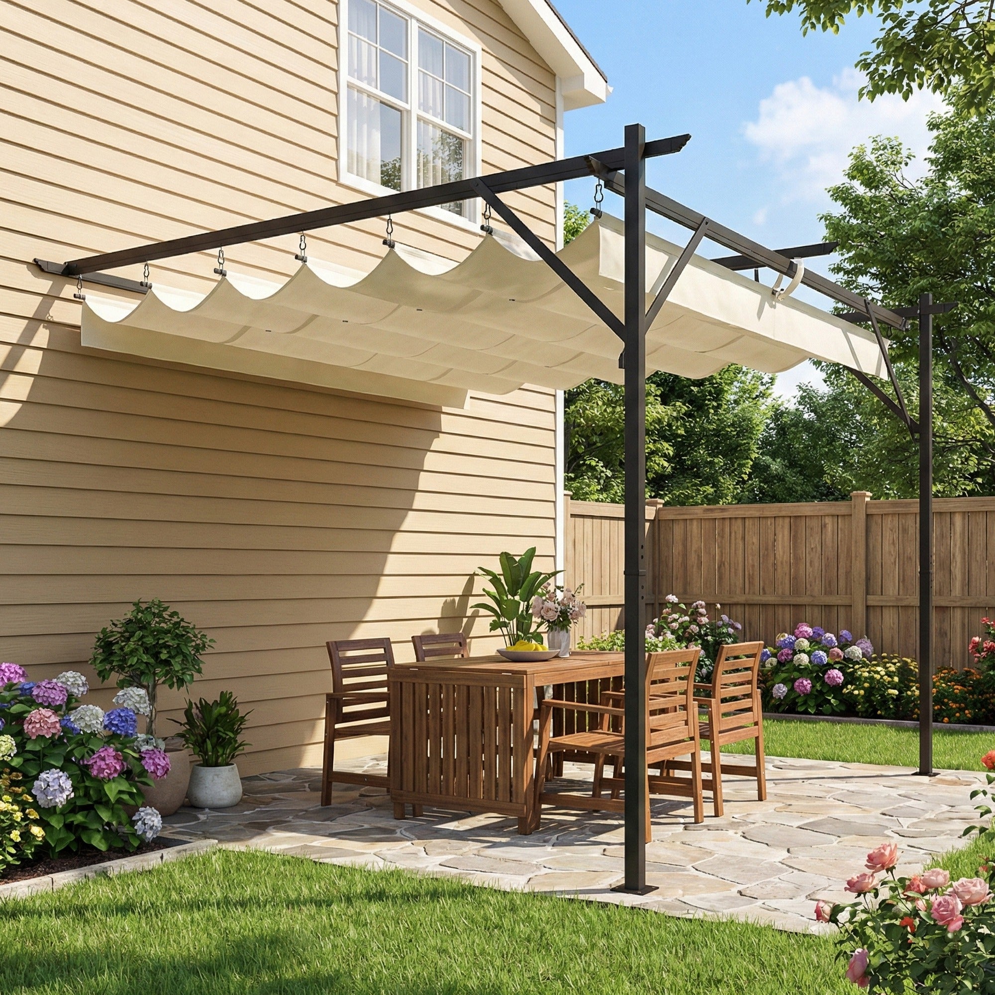 Solarias Gazebo Pergola adossée 3x3 m avec toit coulissant et orifices de drainage, Crème