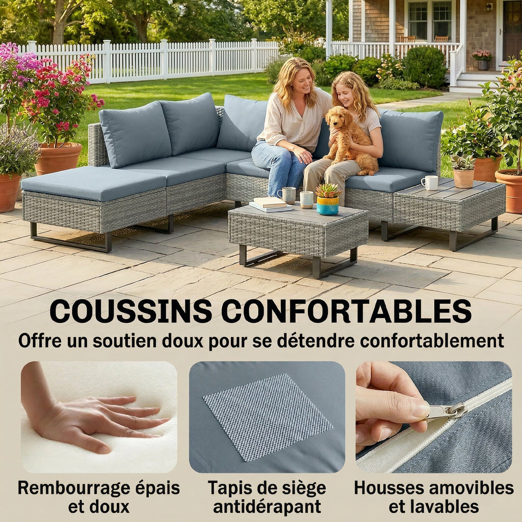 Solarias Salon de Jardin d'Angle en Résine Tressée 5 Places Modulable avec Méridienne Réglable avec Table en Composite Gris