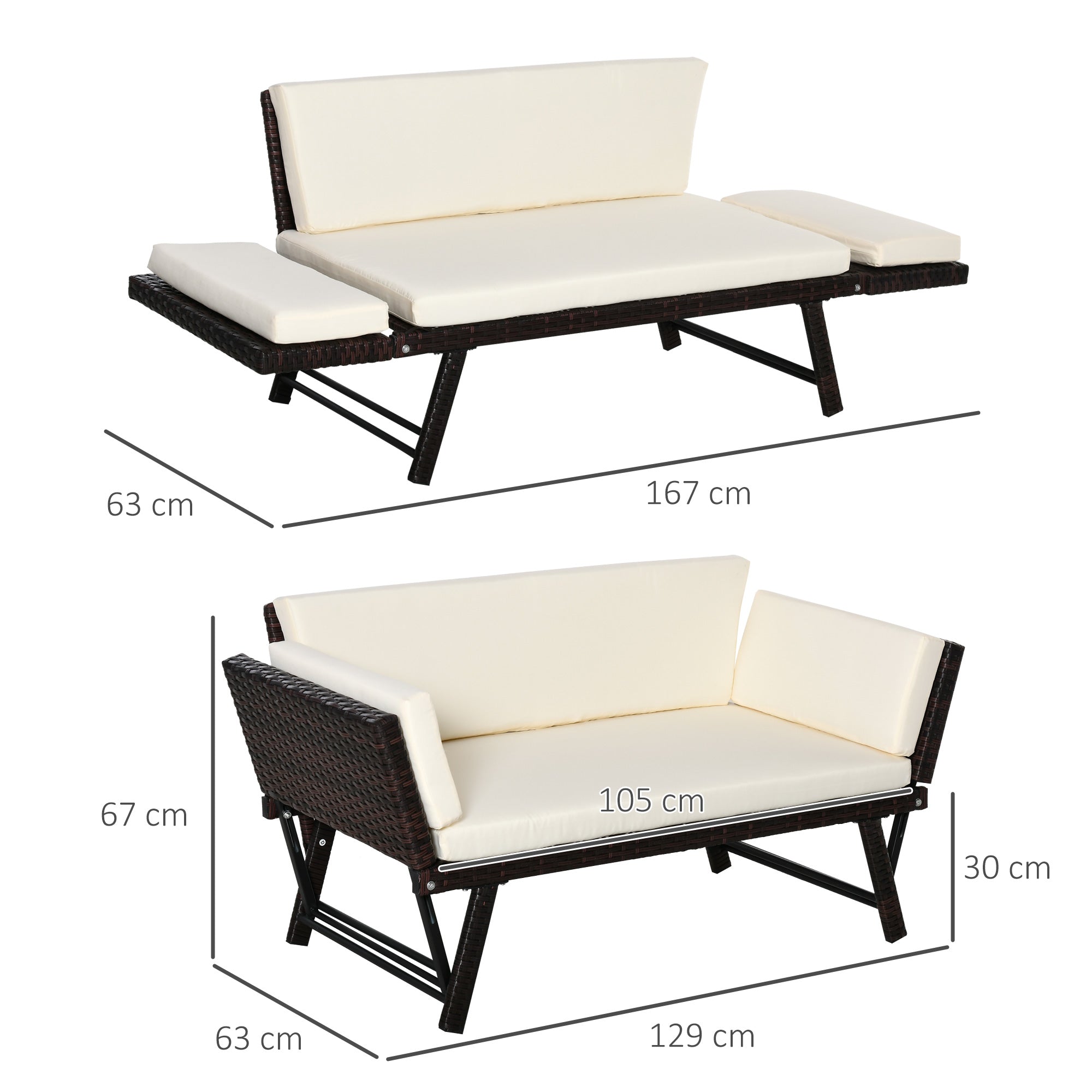 Solarias Canapé lit de jardin extensible 3 places grand confort 4 coussins écru inclus résine tressée imitation rotin chocol