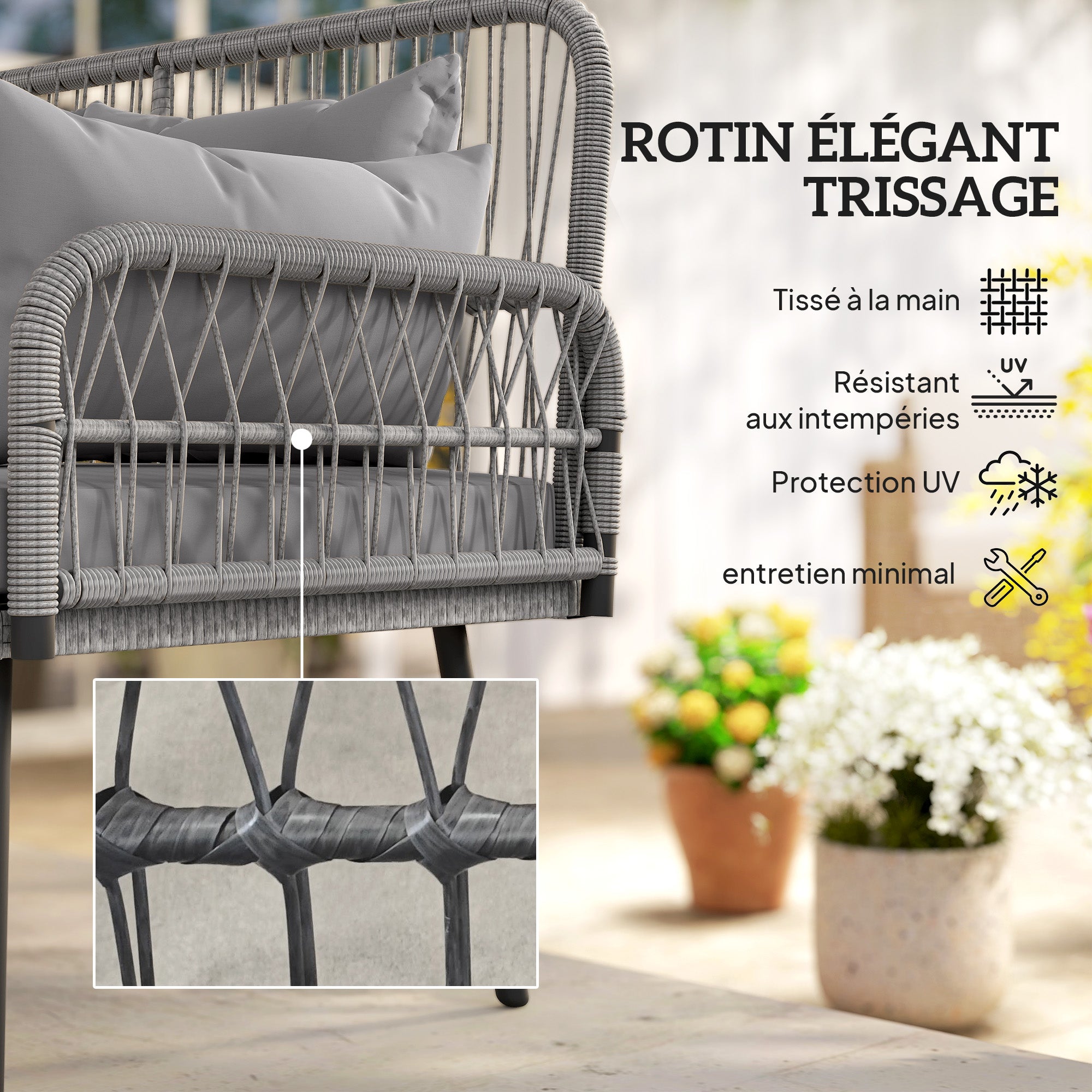 Solarias Canapé de jardin avec coussins et oreillers 2 places en résine tressée, canapé d'extérieur avec accoudoirs gris fon