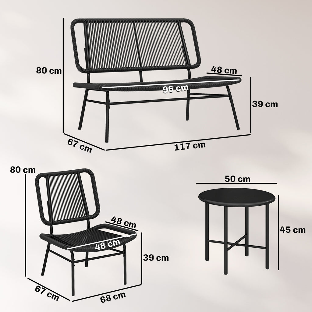 Solarias Ensemble mobilier de jardin en rotin 4 pièces, canapé extérieur avec table métal, noir