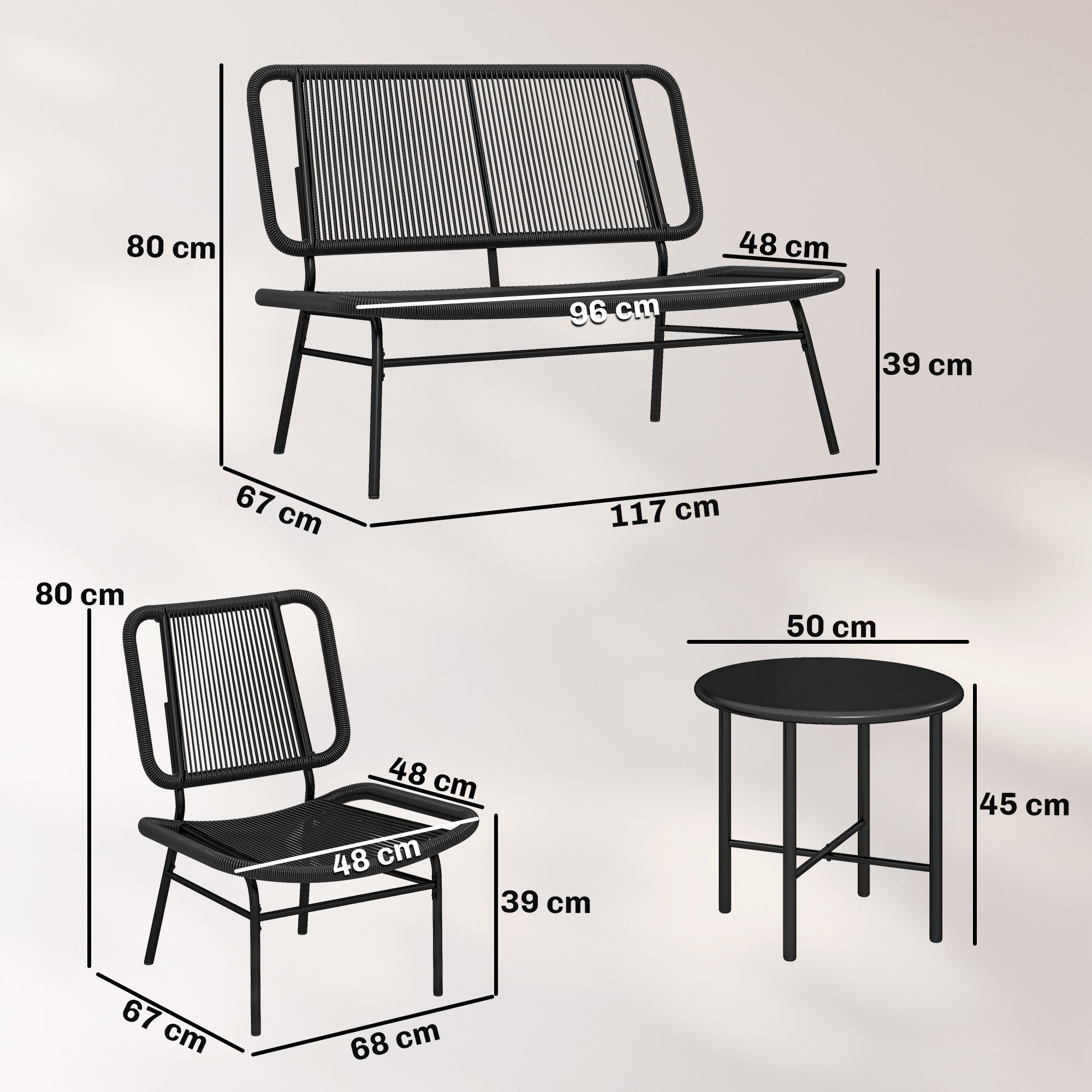 Solarias Ensemble mobilier de jardin en rotin 4 pièces, canapé extérieur avec table métal, noir