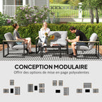 Solarias Salon de jardin extérieur 4 personnes avec canapé, 2 fauteuils et table basse en verre trempé, coussins inclus, gri