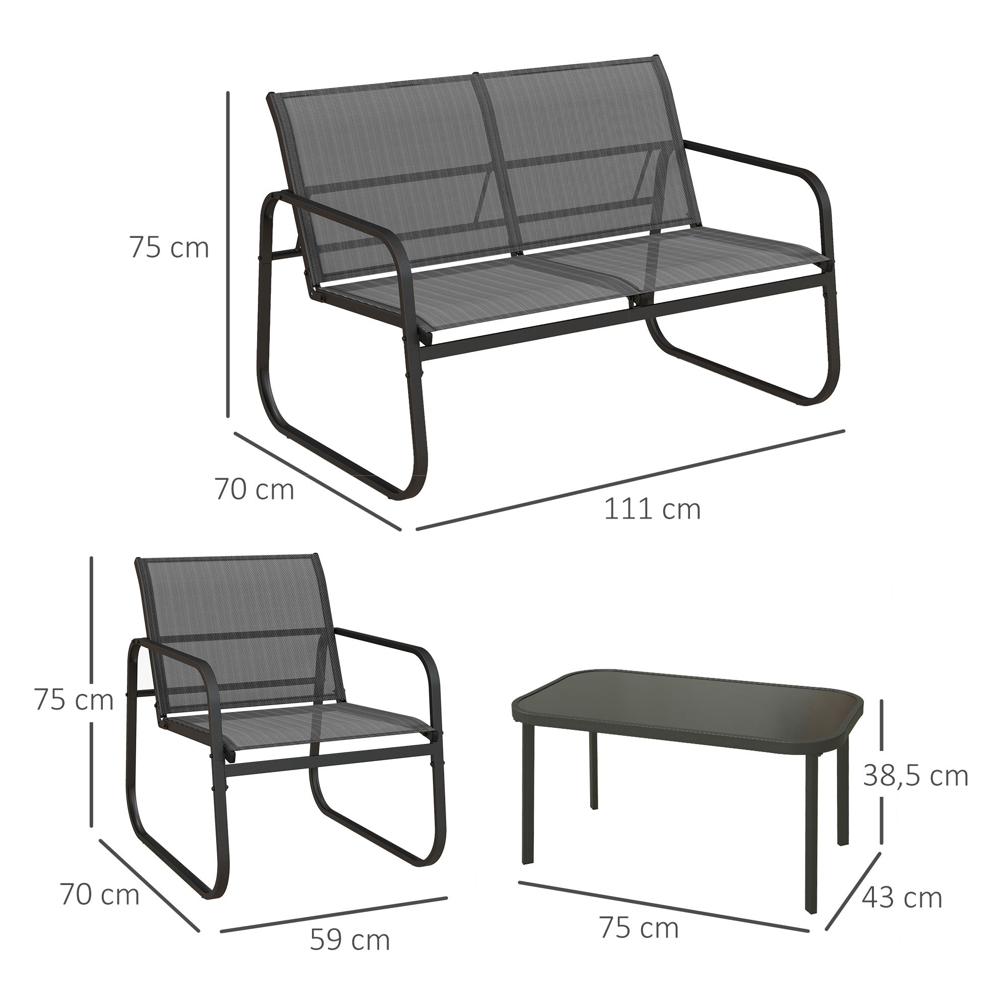 Solarias Salon de jardin 4 pièces avec 2 fauteuils 1 canapé 2 places d'extérieur et table basse plateau en verre trempé