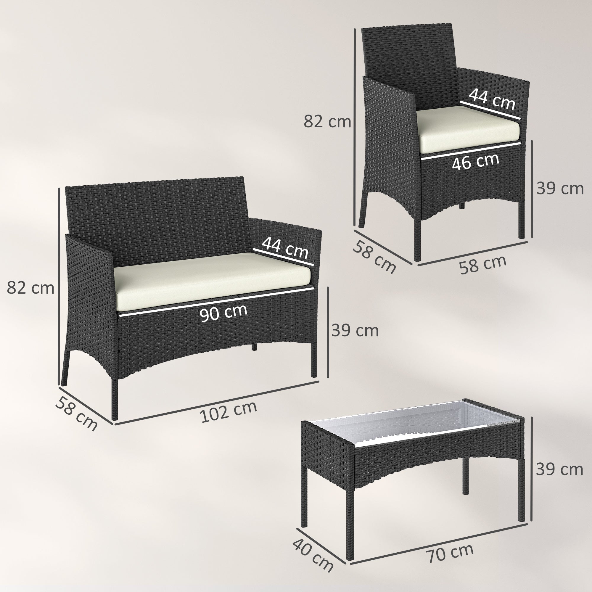 Solarias Ensemble mobilier de jardin en rotin synthétique avec canapé, fauteuils et table en verre trempé et coussins Noir e