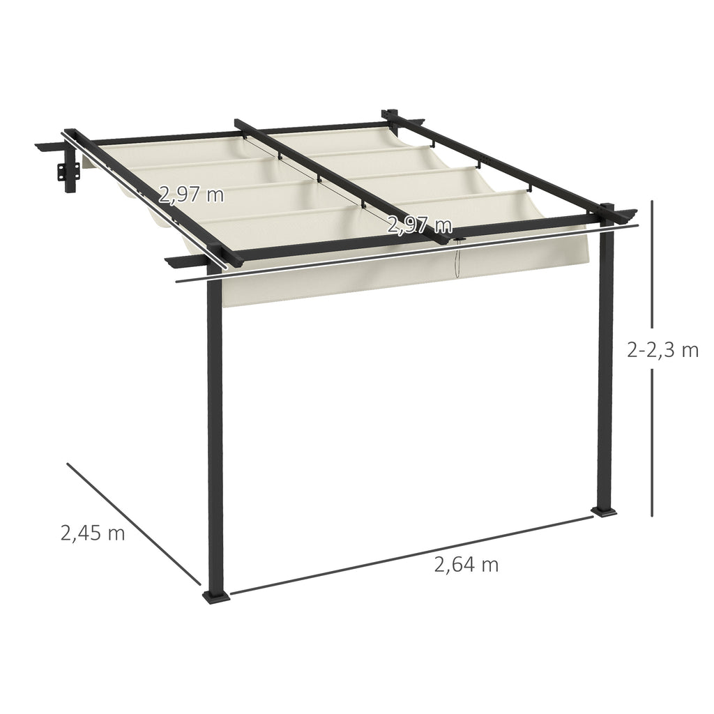 Solarias Pavillon de jardin 3 x 3m, auvent rétractable, montage mural, cadre en métal, Blanc crème