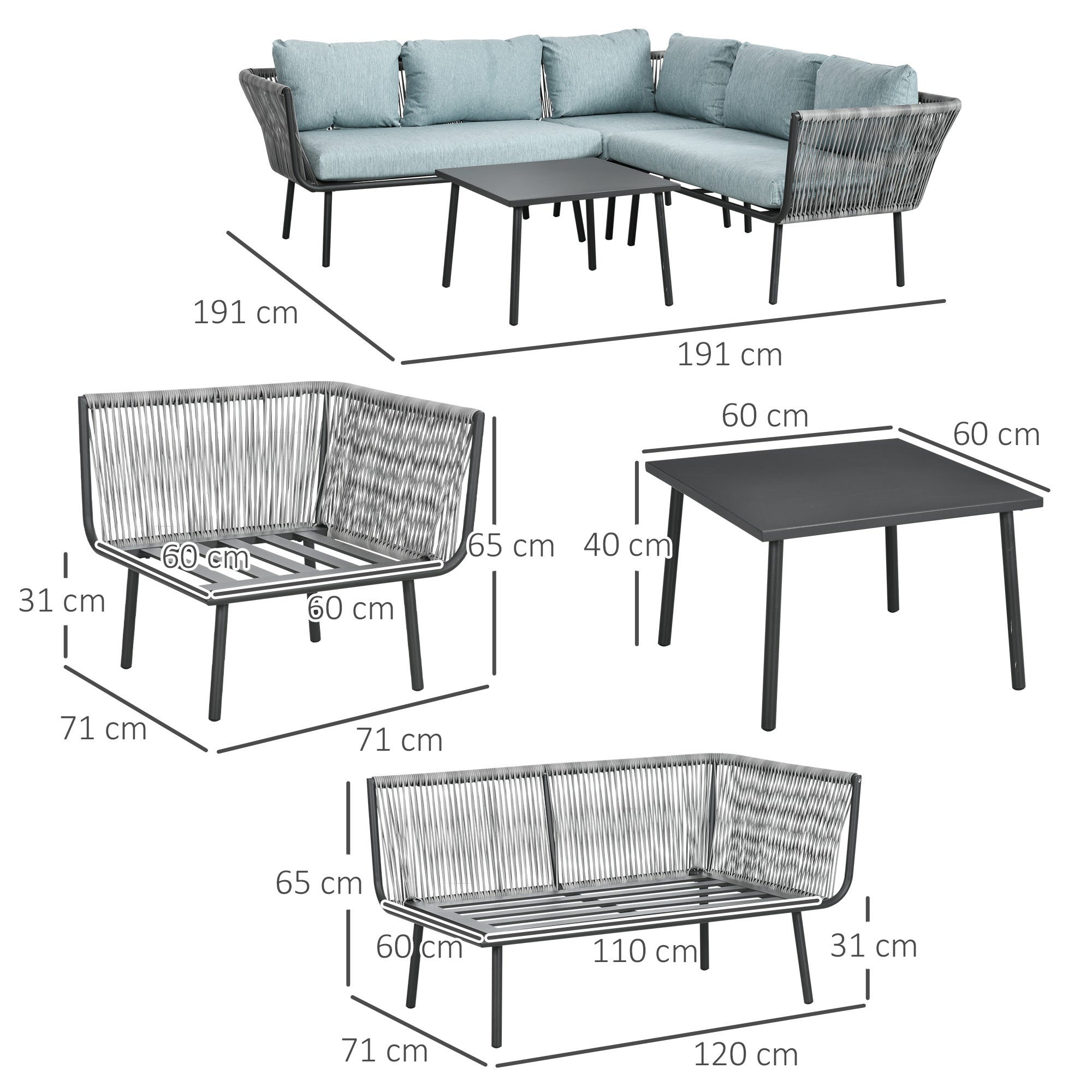 Solarias Salon de jardin d'angle 4 pièces avec 2 canapé d'angle 2 places + 1 canapé d'angle 1 place + table basse coussins g