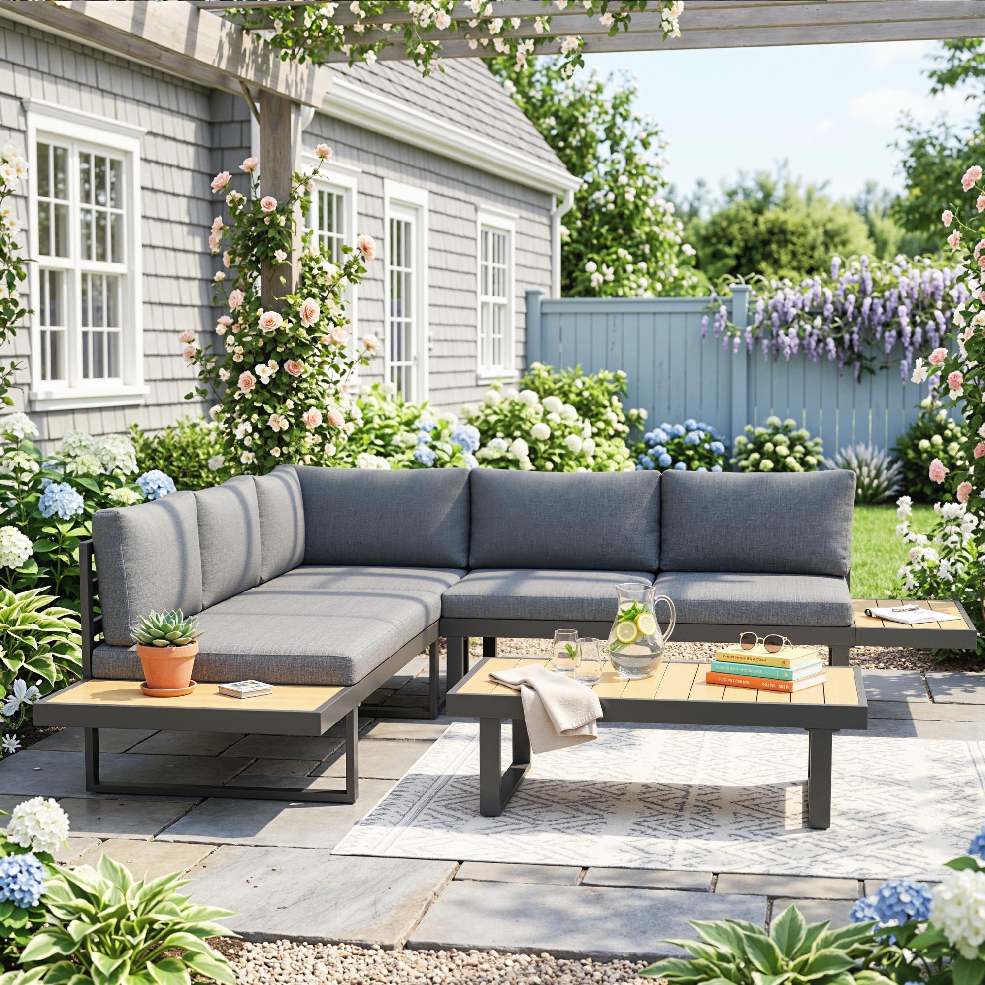 Solarias Ensemble salon de jardin d'angle design 5 places coussins table basse alu. gris anthracite et imitation bois