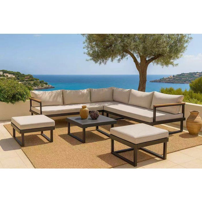 Solarias Salon de jardin d'angle 7 places - Aluminium - ALMARA - Canapé d'angle + 2 tabourets + table - Ecru