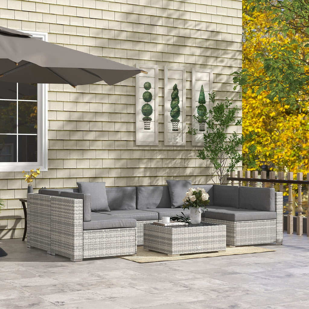 Solarias Ensemble salon de jardin 7 pièces modulables table basse plateau verre trempé coussins déhoussables inclus gris