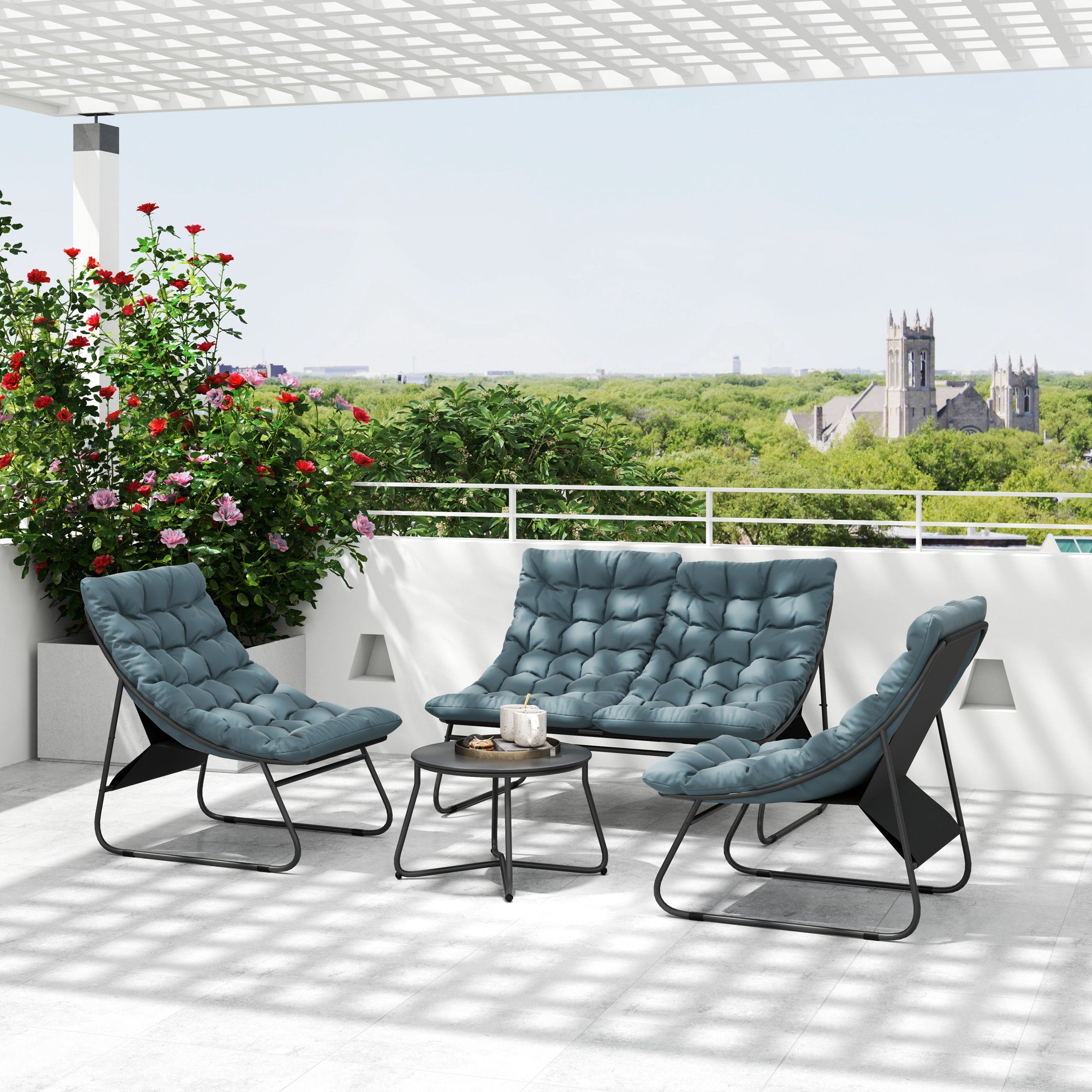 Solarias Ensemble de meubles de jardin 4 places, 2 chaises, 1 canapé double, 1 table avec une surface en verre, coussins épa