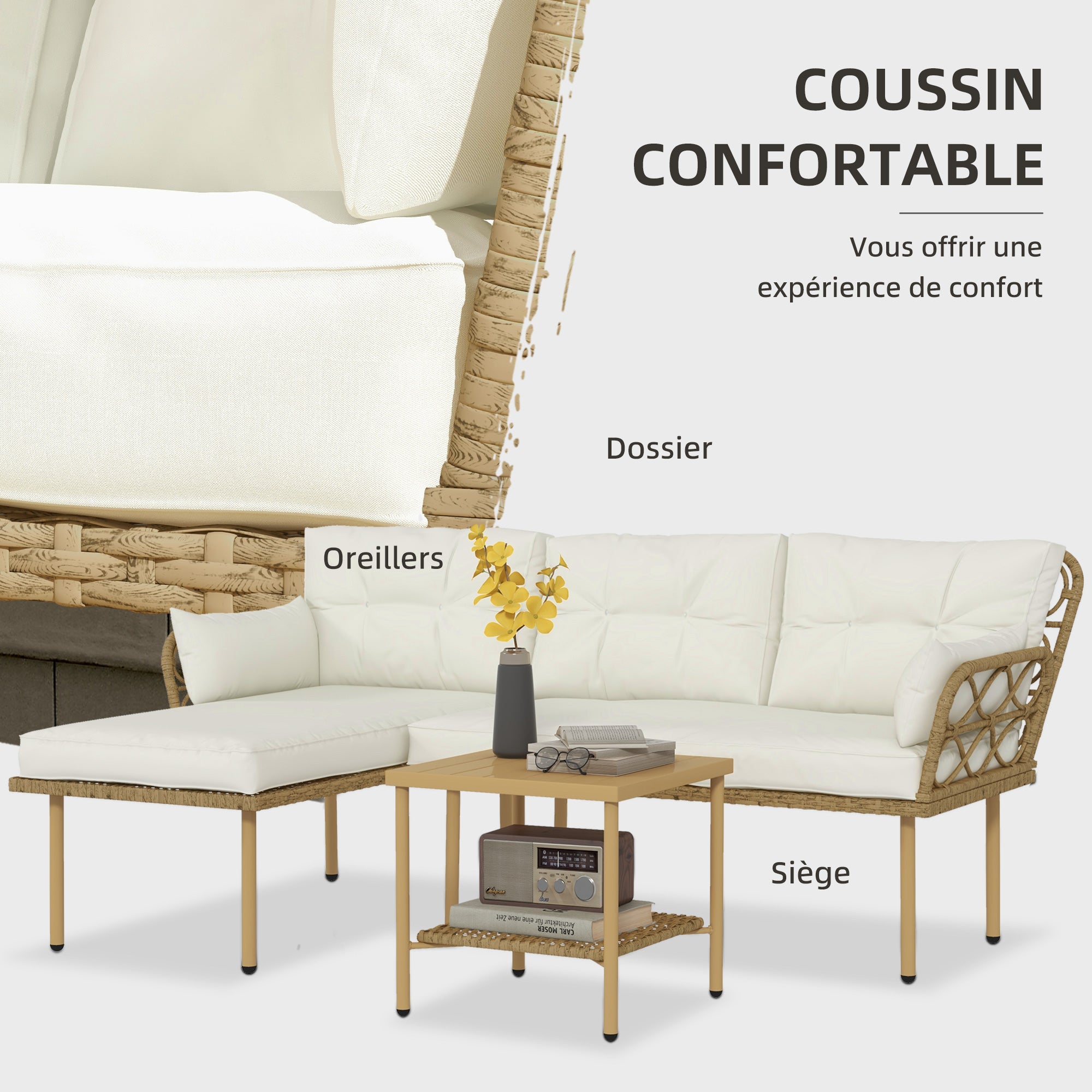Solarias Salon de jardin d'angle 4 pers. 3 pièces avec 1 table basse coussins grand confort inclus résine tressée crème