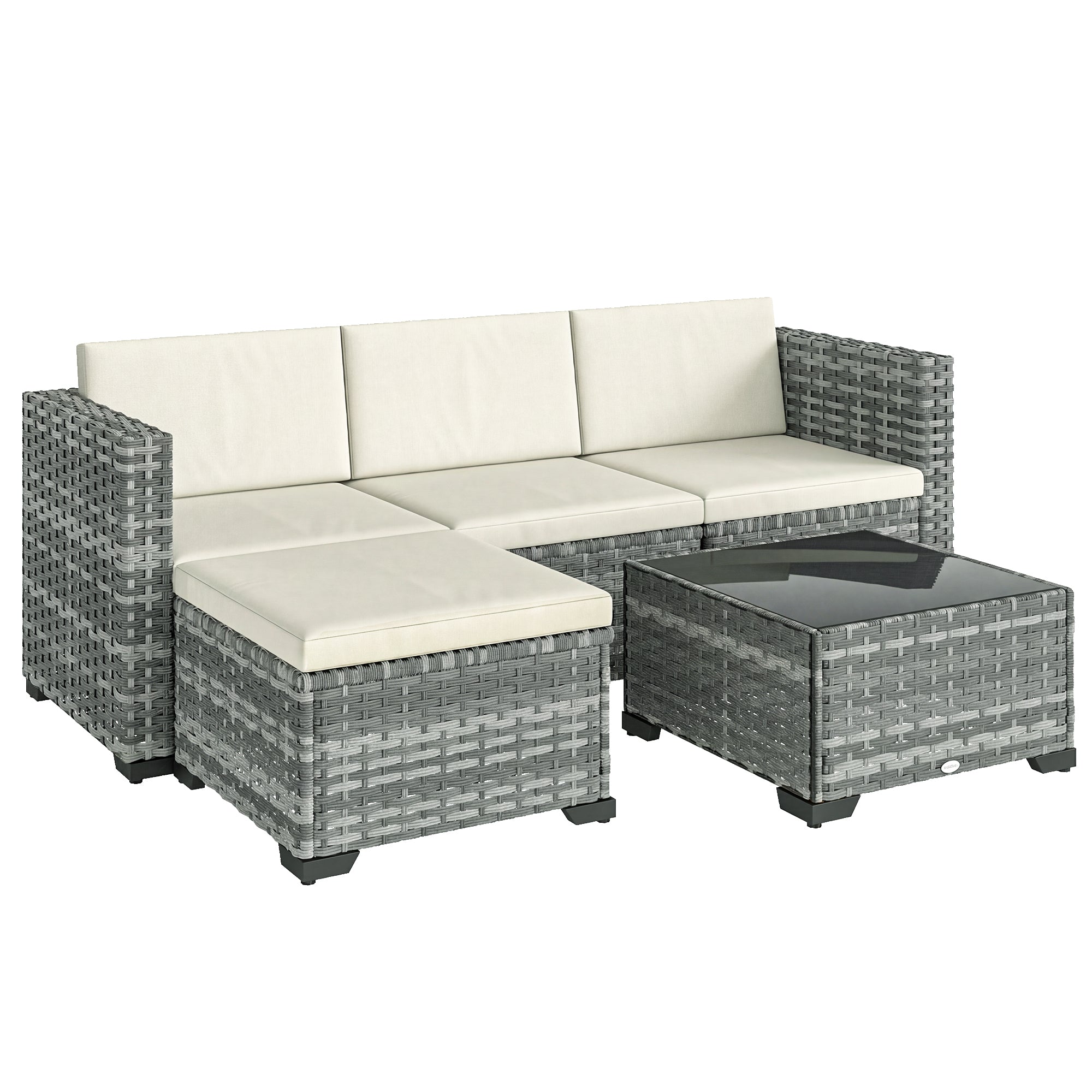 Solarias Ensemble de jardin Polyrattan 5 pièces, set lounge avec canapé d'angle, pouf, table, coussins d'assise et de dossie