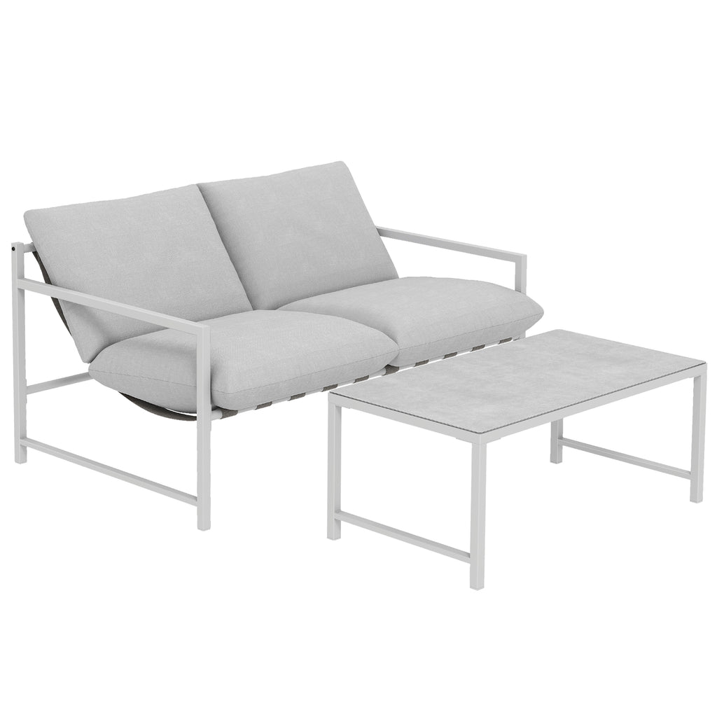 Solarias Salon de Jardin Extérieur 2 Pièces, Canapé avec Coussins, Table Basse en Verre Trempé Marbré 3D, 125x80x64cm, Gris 