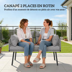 Solarias Canapé de jardin avec coussins et oreillers 2 places en résine tressée, canapé d'extérieur avec accoudoirs gris fon