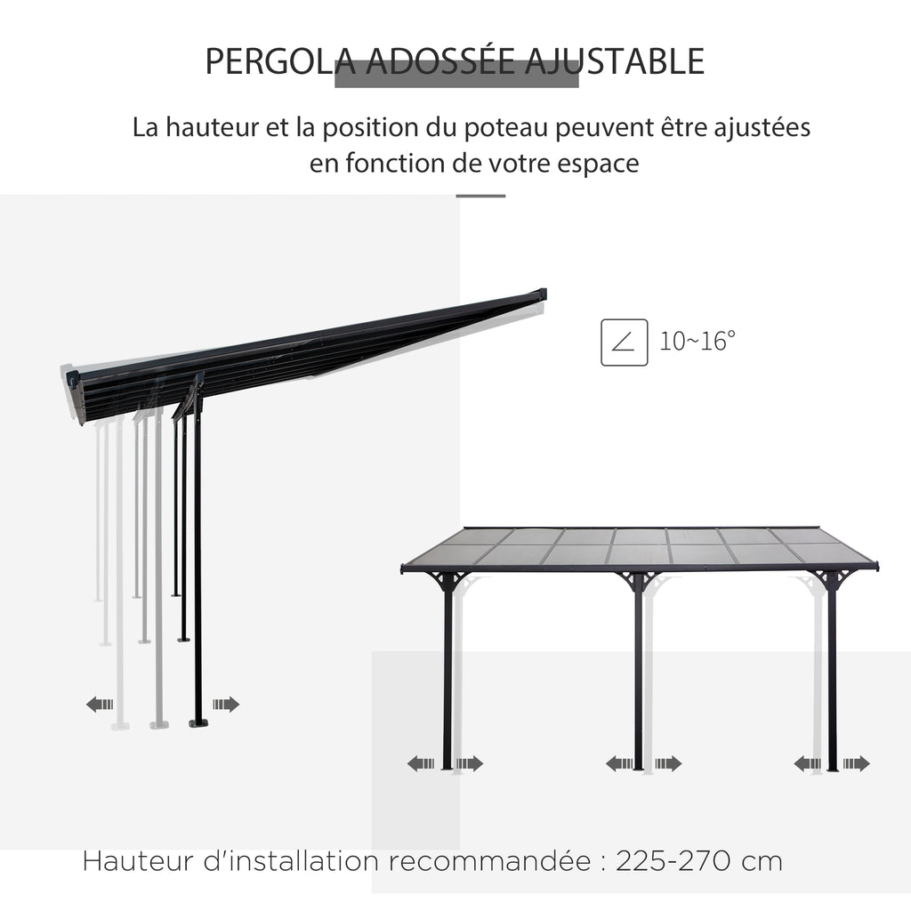 Solarias Pergola adossée aluminium 4,5 x 3 m avec toit en polycarbonate résistant UV, gouttière intégrée, tonnelle de jardin