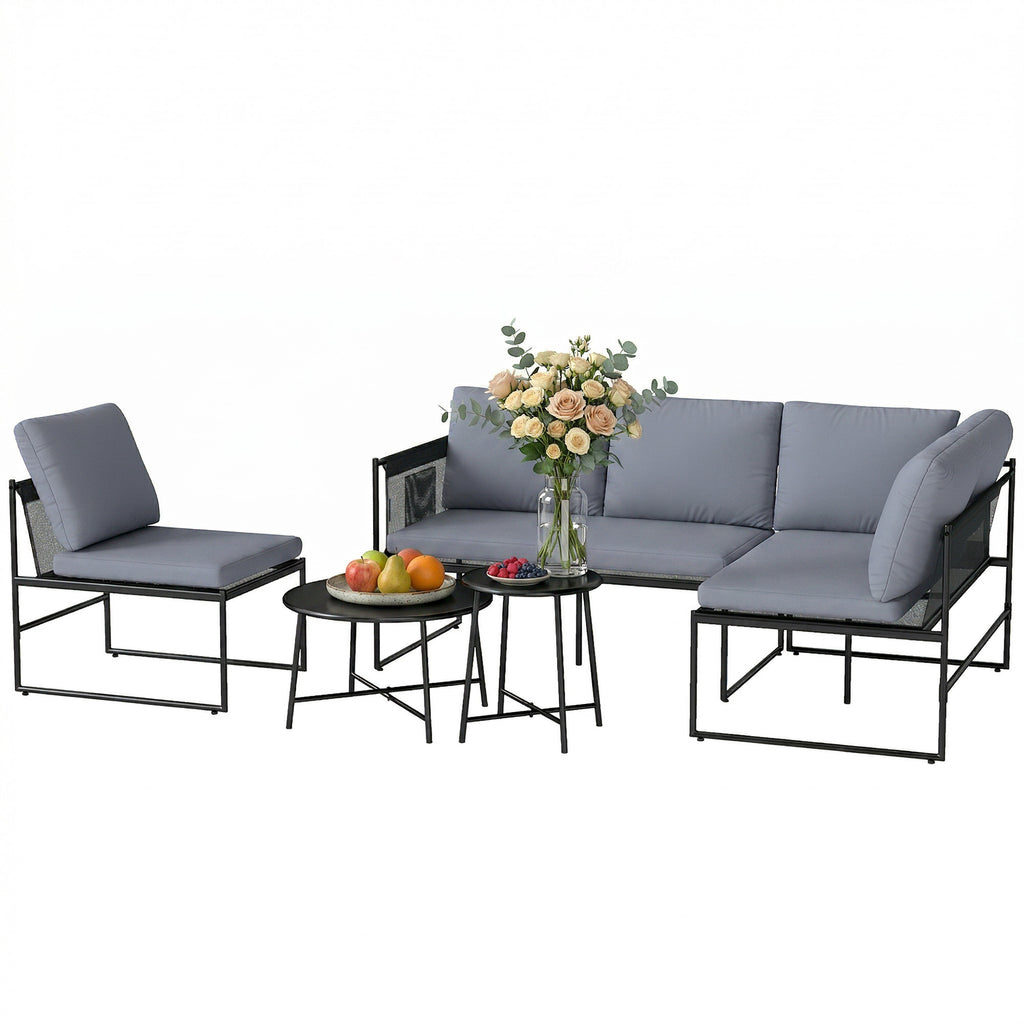 Solarias Salon de Jardin Extérieur 5 Pièces, 2 Canapés, 2 Tables, 1 Chaise, Pochette de Rangement, 182x167x65cm, Gris Foncé