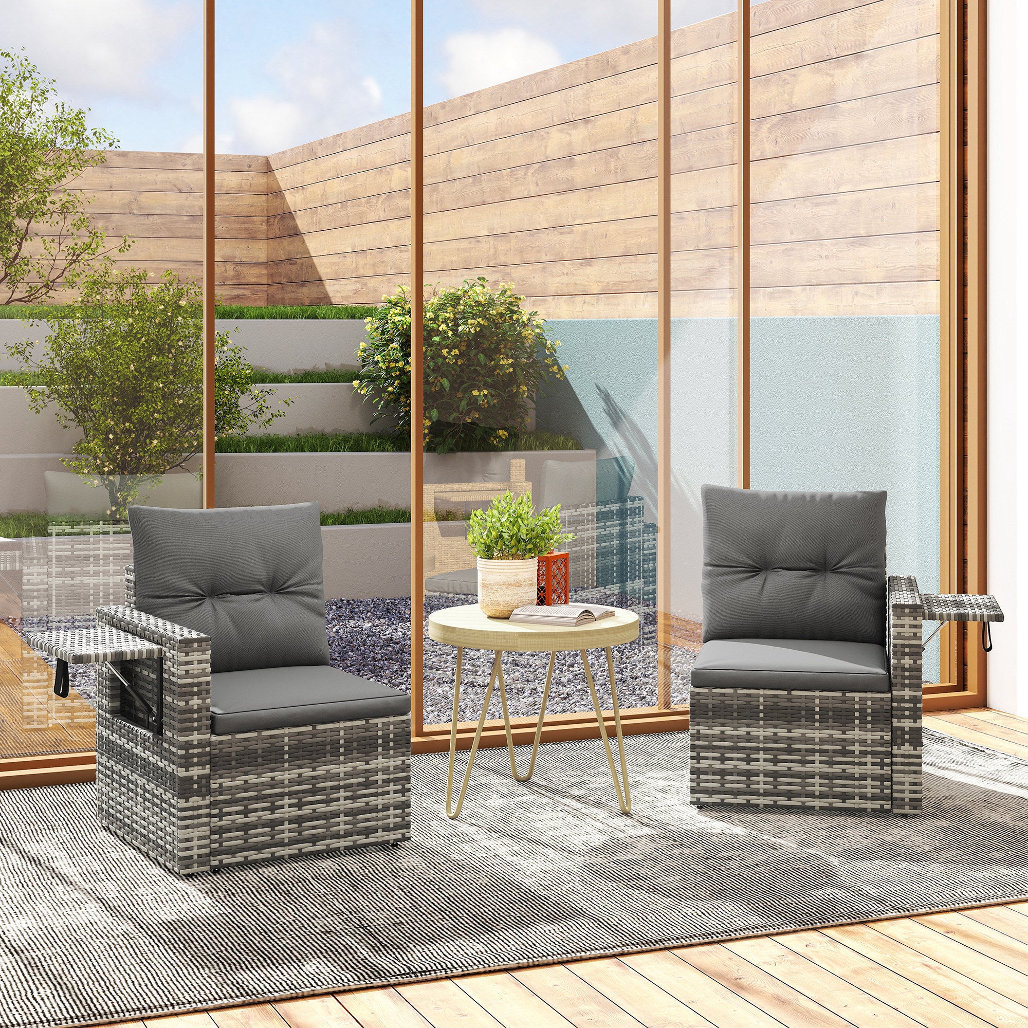 Solarias Canapé 2 places en rotin avec coussins Pliable Plateaux latéraux Sofa lounge Gris clair