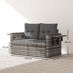 Solarias Canapé 2 places en rotin avec coussins Pliable Plateaux latéraux Sofa lounge Gris clair