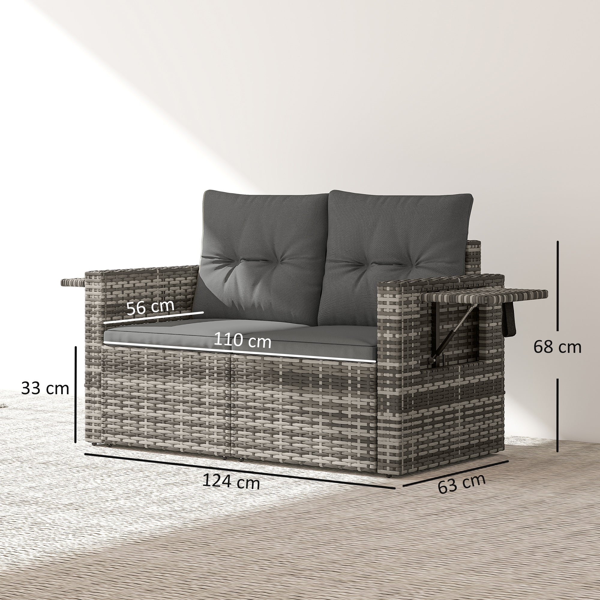 Solarias Canapé 2 places en rotin avec coussins Pliable Plateaux latéraux Sofa lounge Gris clair