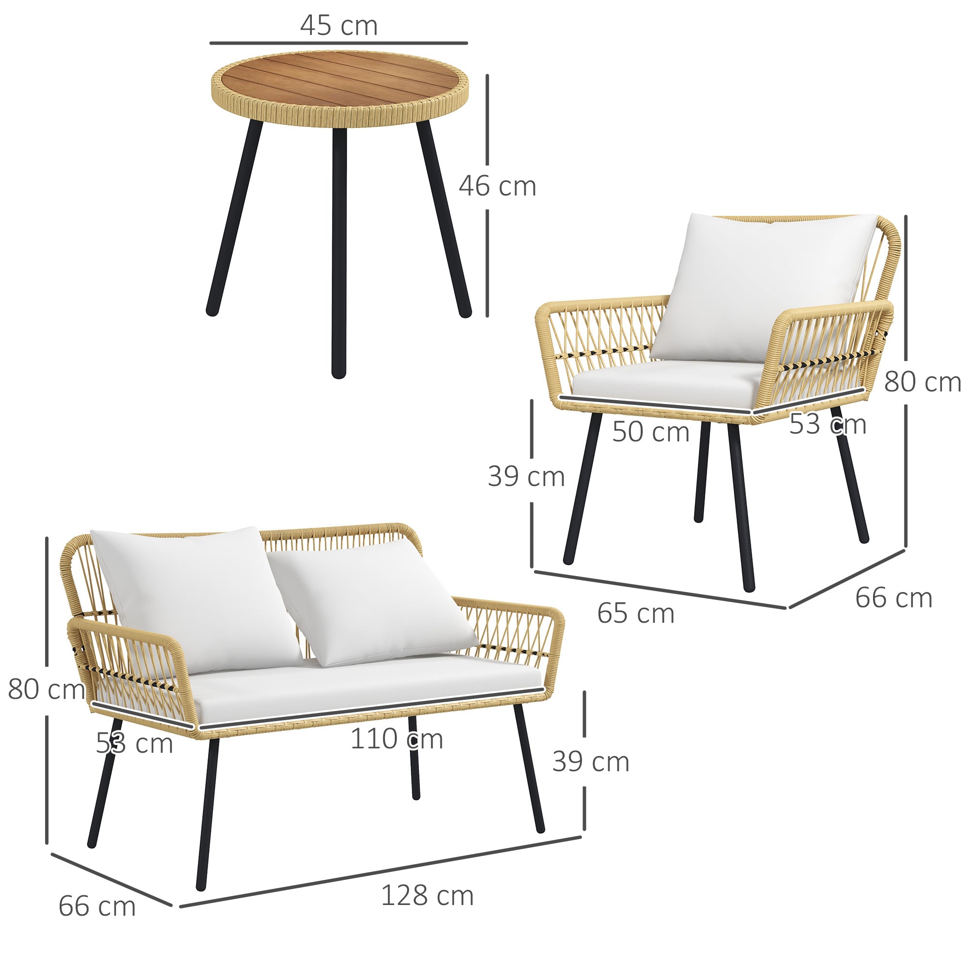Solarias Ensemble salon de jardin 4 pièces canapé 2 places 2 fauteuils avec 7 coussins 1 table basse ronde, résine tressée