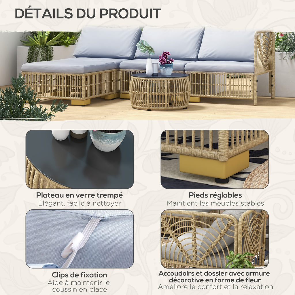Solarias Ensemble 5 pièces salon de jardin bas modulables pour 4 personnes en résine tressée aspect rotin