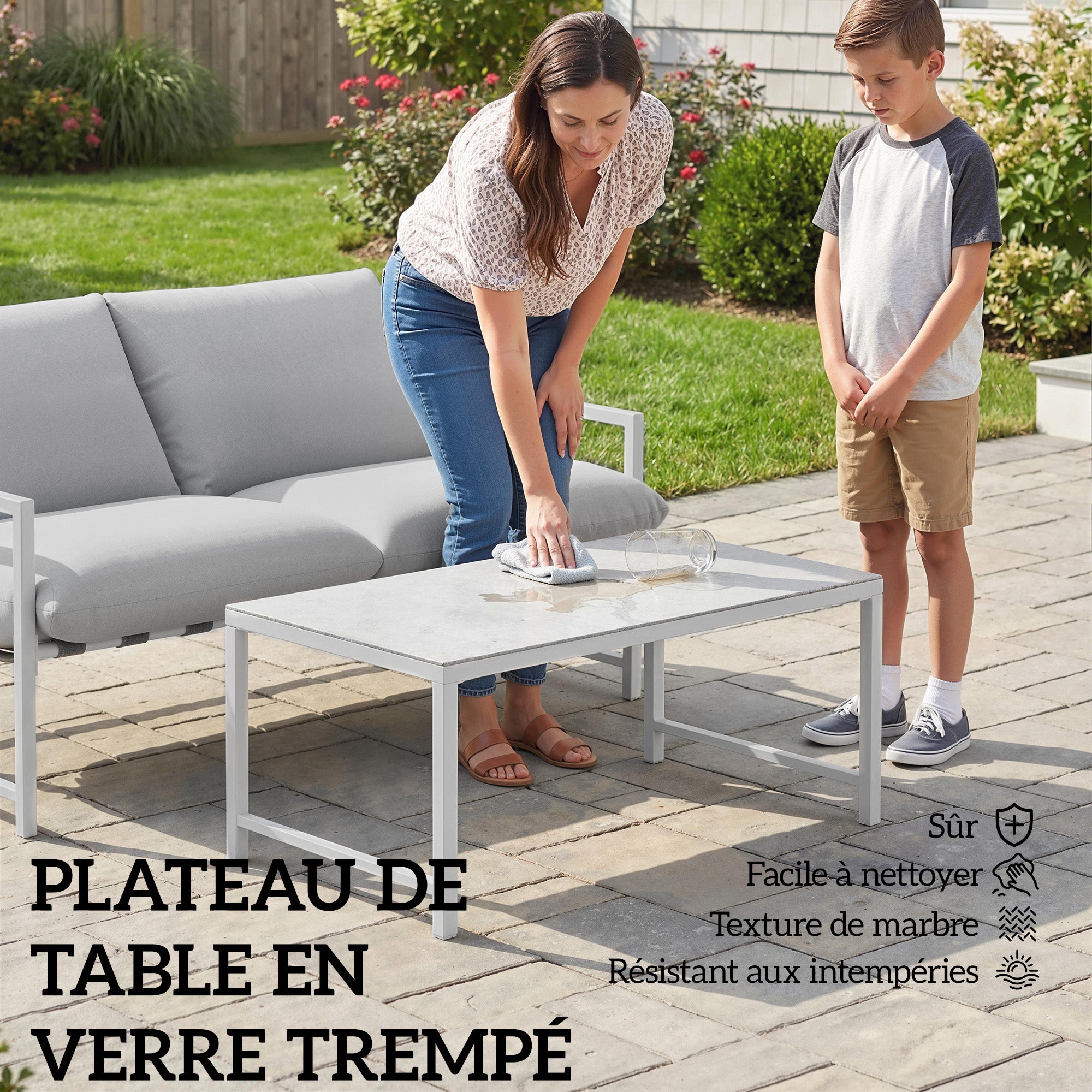 Solarias Salon de Jardin Extérieur 2 Pièces, Canapé avec Coussins, Table Basse en Verre Trempé Marbré 3D, 125x80x64cm, Gris 