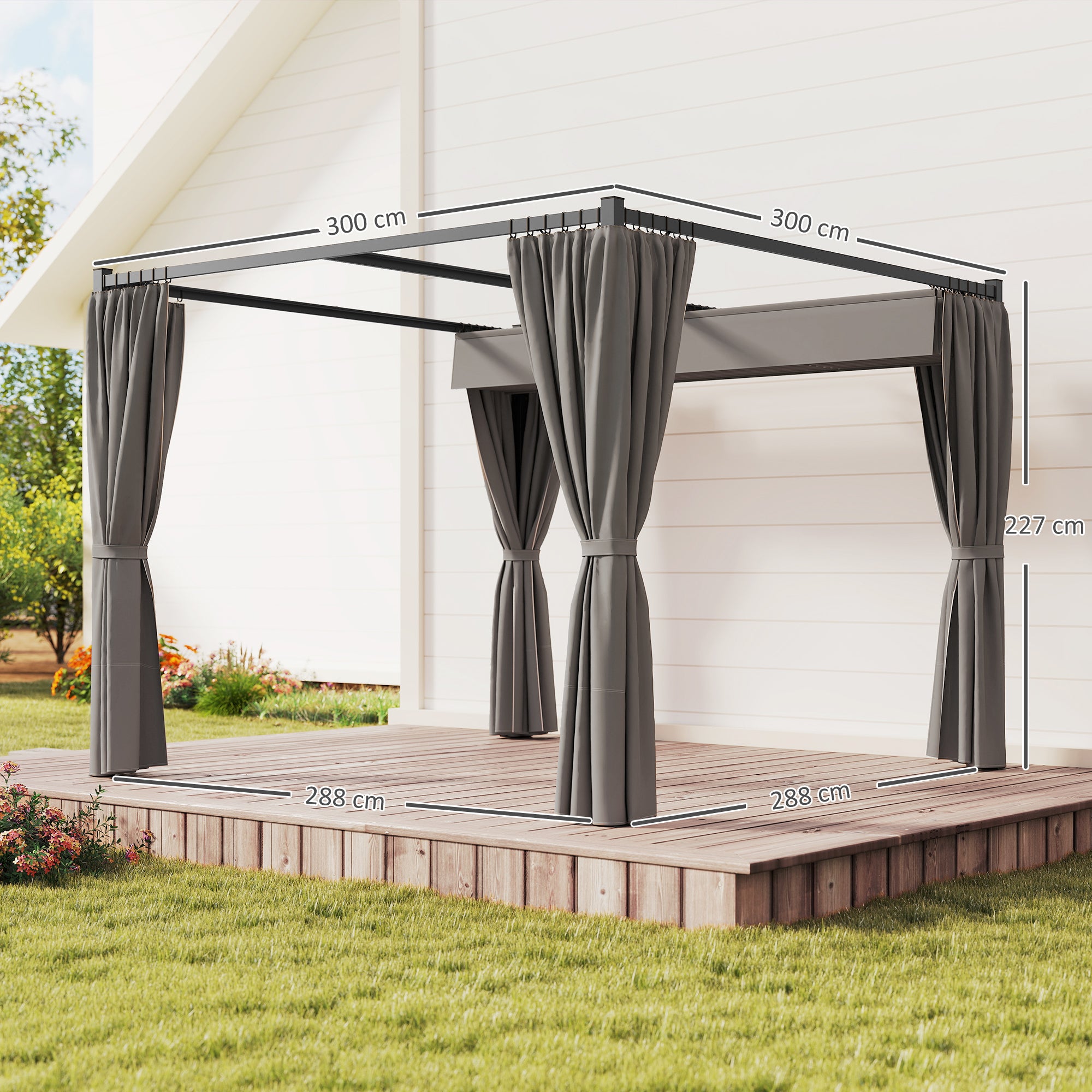 Solarias Pergola de Jardin avec Toit Rétractable et Rideaux, en Métal et Polyester, 300x300x227 cm, Gris clair