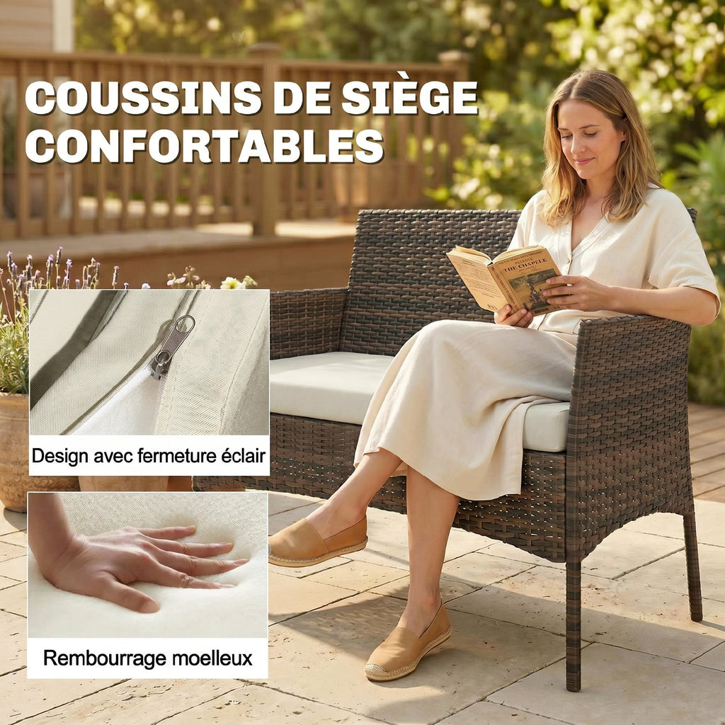 Solarias Salon de jardin extérieur 4 personnes en résine tressée avec canapés et table basse en verre trempé coussins inclus