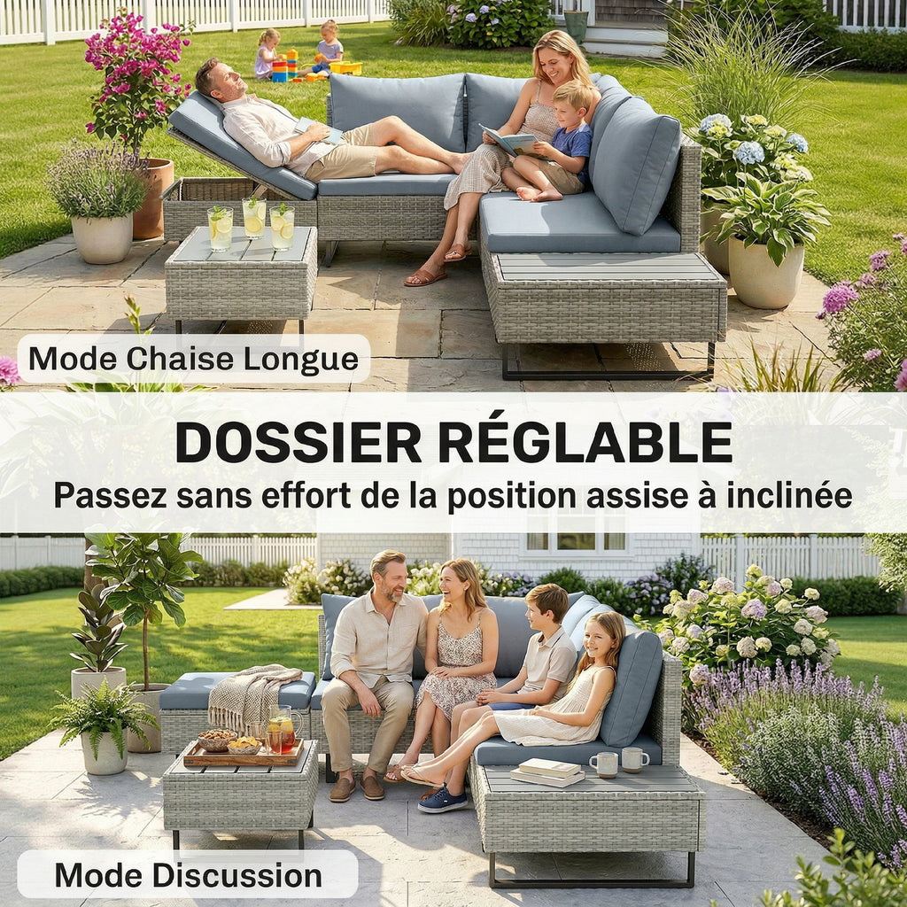 Solarias Salon de Jardin d'Angle en Résine Tressée 5 Places Modulable avec Méridienne Réglable avec Table en Composite Gris