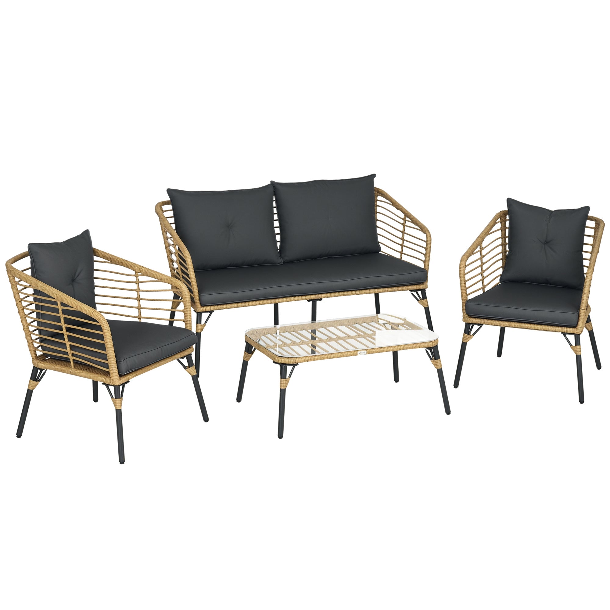 Solarias Ensemble salon de jardin 4 pièces canapé 2 places 2 fauteuils 1 table basse 7 coussins métal et résine imitation ro