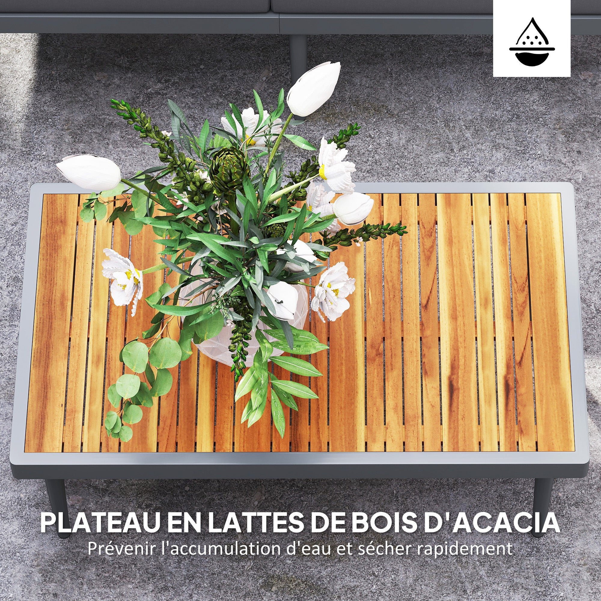 Solarias Salon de jardin extérieur 4 places modulable en bois d'acacia, canapé d'angle extérieur avec table basse et coussin