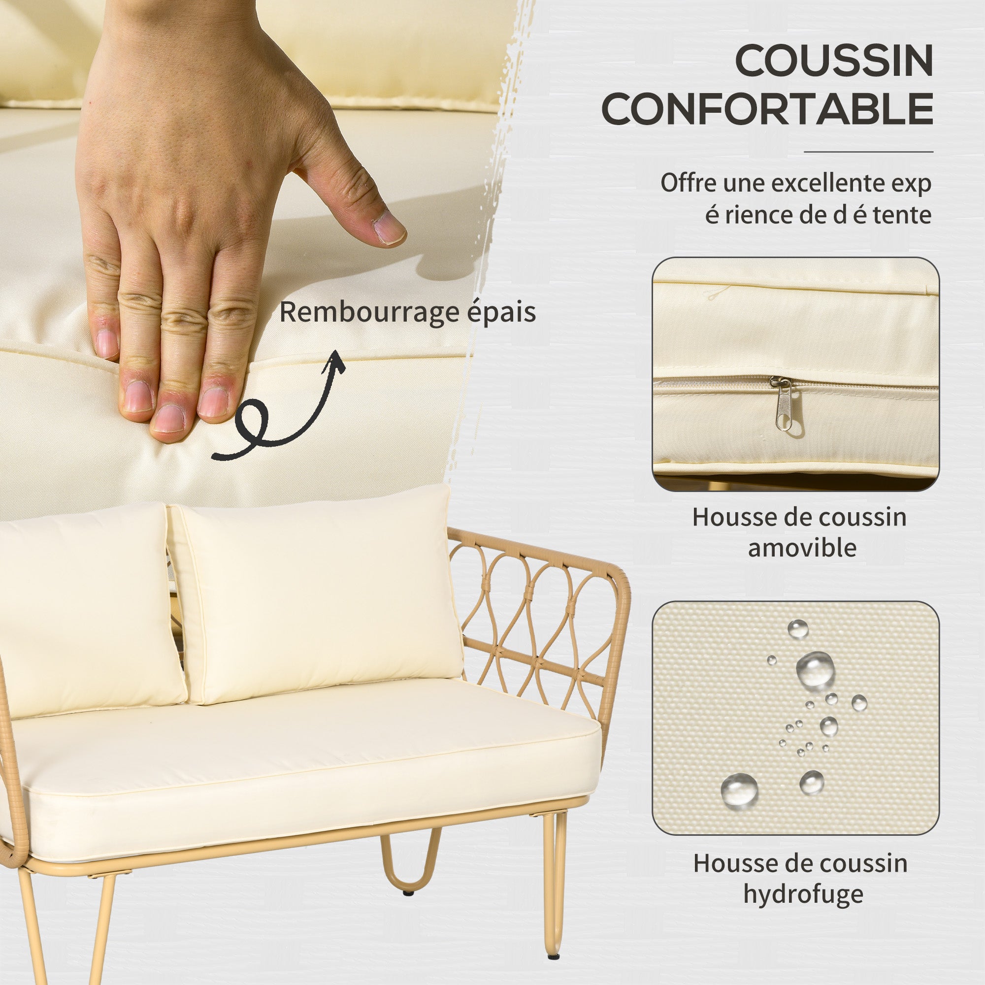 Solarias Ensemble salon de jardin canapé 2 places + 2 fauteuils + 1 table basse plateau verre trempé 7 coussins écru