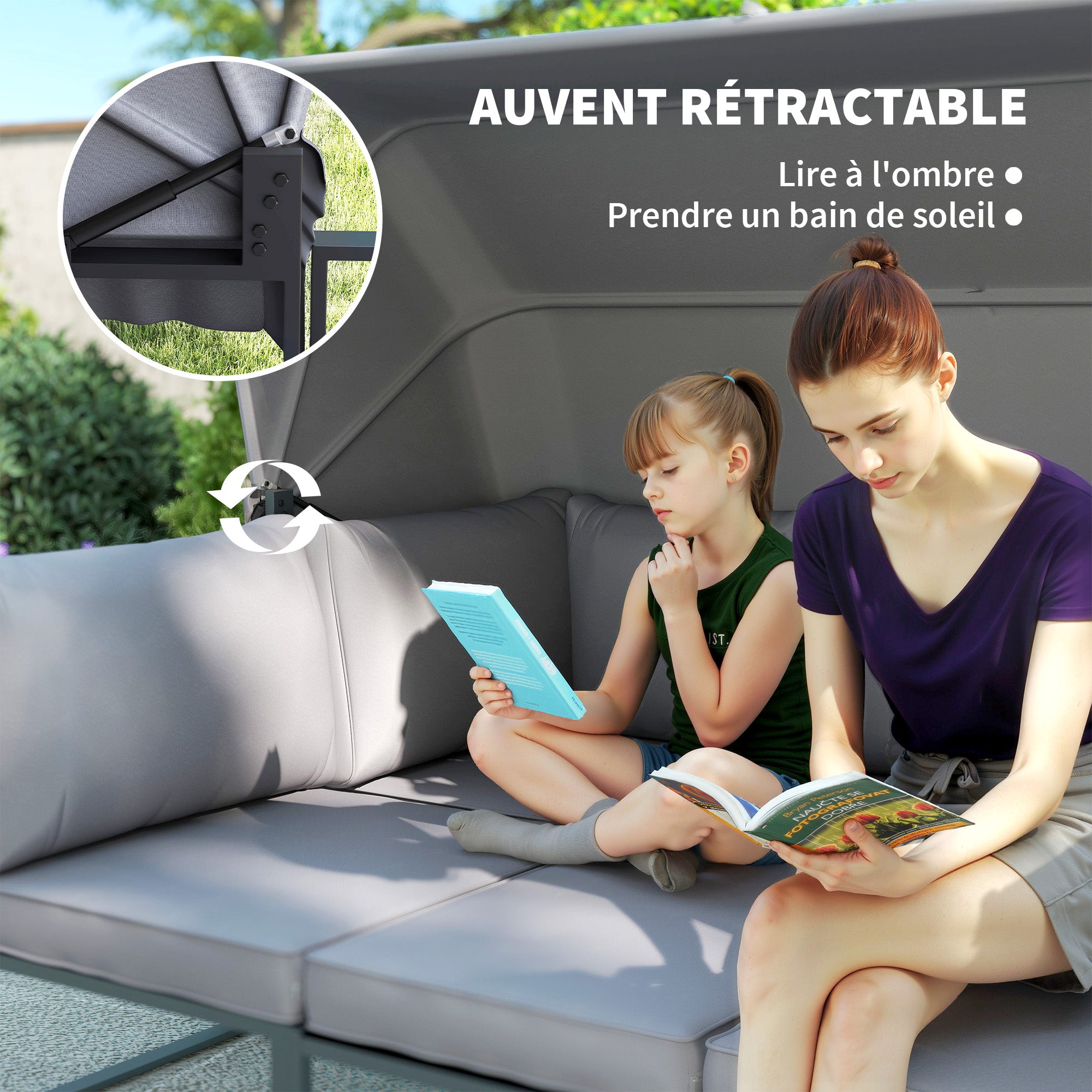 Solarias Salon de jardin extérieur 4 pièces modulaire avec canapé, fauteuil et table basse en verre trempé, coussins inclus,